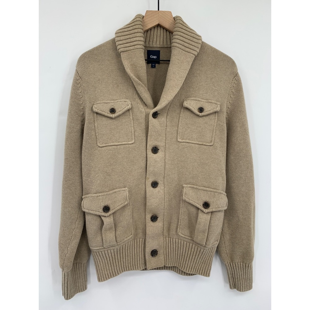 Gap Cardigan Sweater Mens Large Tan Shawl Collar 100% Cotton Heavy Knit